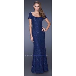 LA FEMME Evening 20463 Cap Sleeve, Square Neck blue formal dress. Size:10